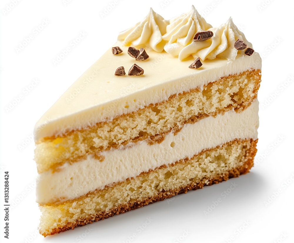 Aufkleber Decadent slice of vanilla cake adorned with chocolate morsels and a smooth layer of whipped cream frosting : Generative AI