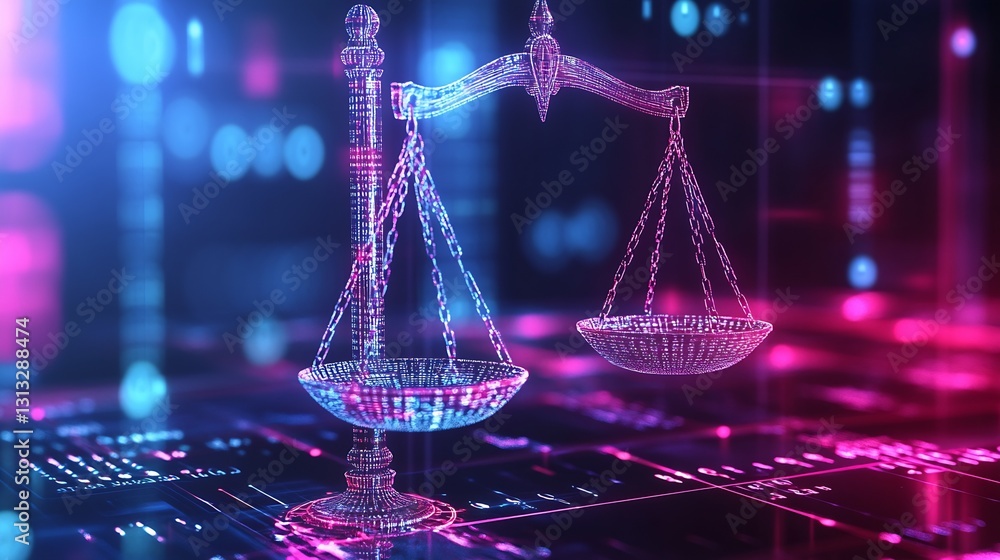 Poster futuristic metal scales of justice in a digital neon environment emphasizing technology and law : ge