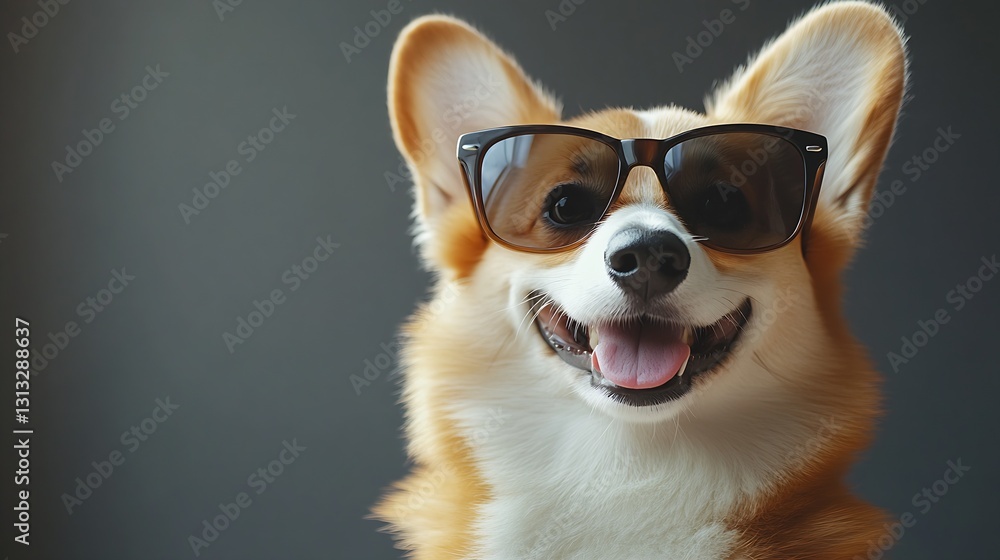 Aufkleber charming corgi dog with stylish black sunglasses smiling joyfully while posing for a portrait shoot 