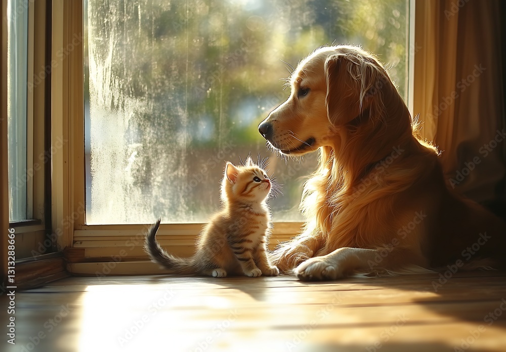 Poster golden retriever and innocent kitten enjoying a peaceful moment by the window : generative ai