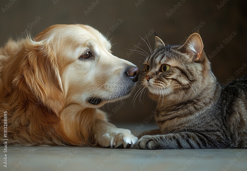 Poster Golden Retriever and Tabby Cat Curiously Facing Each Other in a Cozy Setting : Generative AI