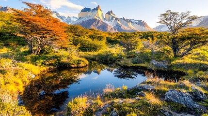 Fototapeta premium Stunning Patagonian Landscape Mountain Reflection in Autumnal Pond