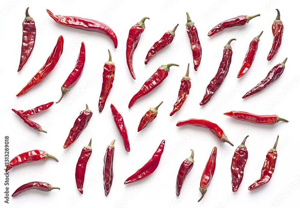 Aufkleber An array of various red chili peppers scattered artistically on a white surface highlighting culinary diversity : Generative AI
