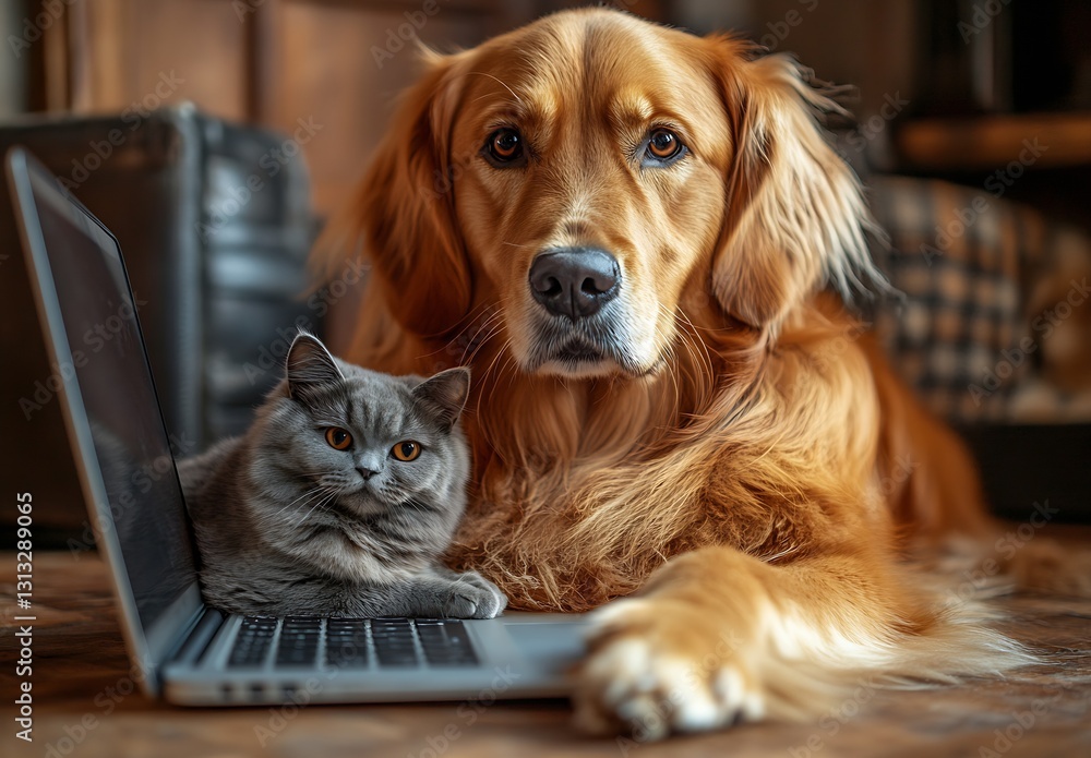 Poster charming golden retriever and fluffy gray cat curiously sitting next to each other by laptop : gener