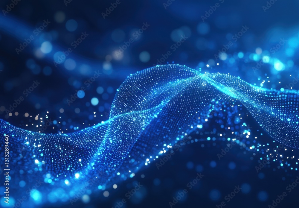 Poster abstract blue particles flowing in waves creating a dreamlike background for technology, science, an