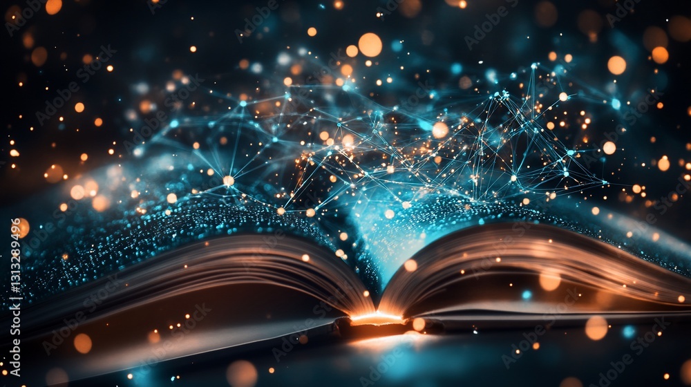 Poster a glowing open book emanating networks and light in a dark background