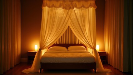 Mosquito net, Glowing bedroom mosquito net shimmers in gold soft candlelit ambiance tranquility
