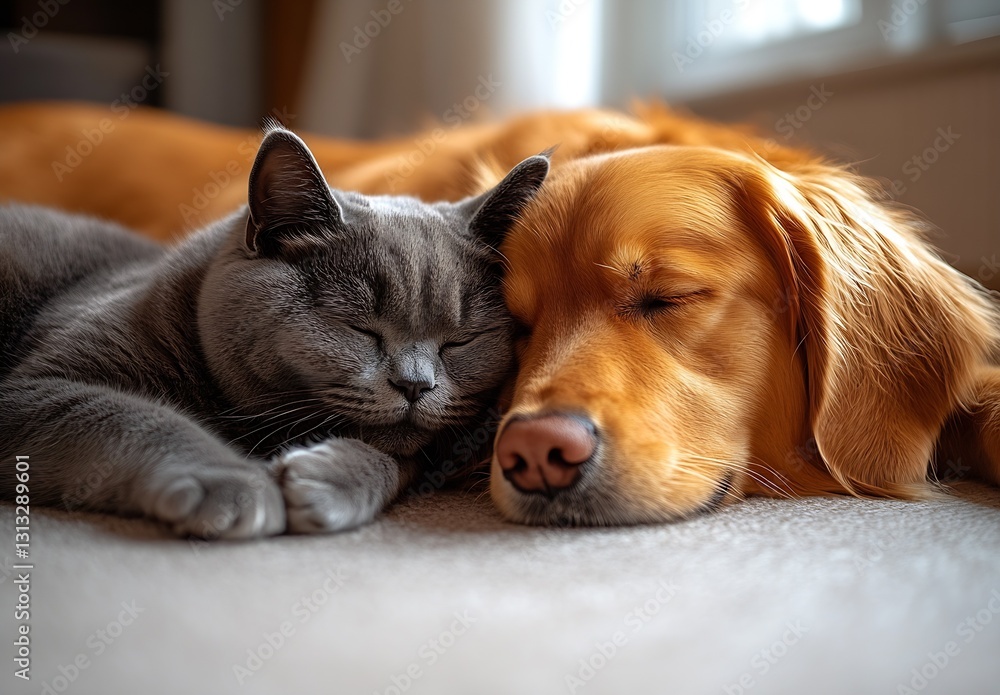 Poster Charming moment of a cat and dog peacefully napping side by side on the soft carpet : Generative AI