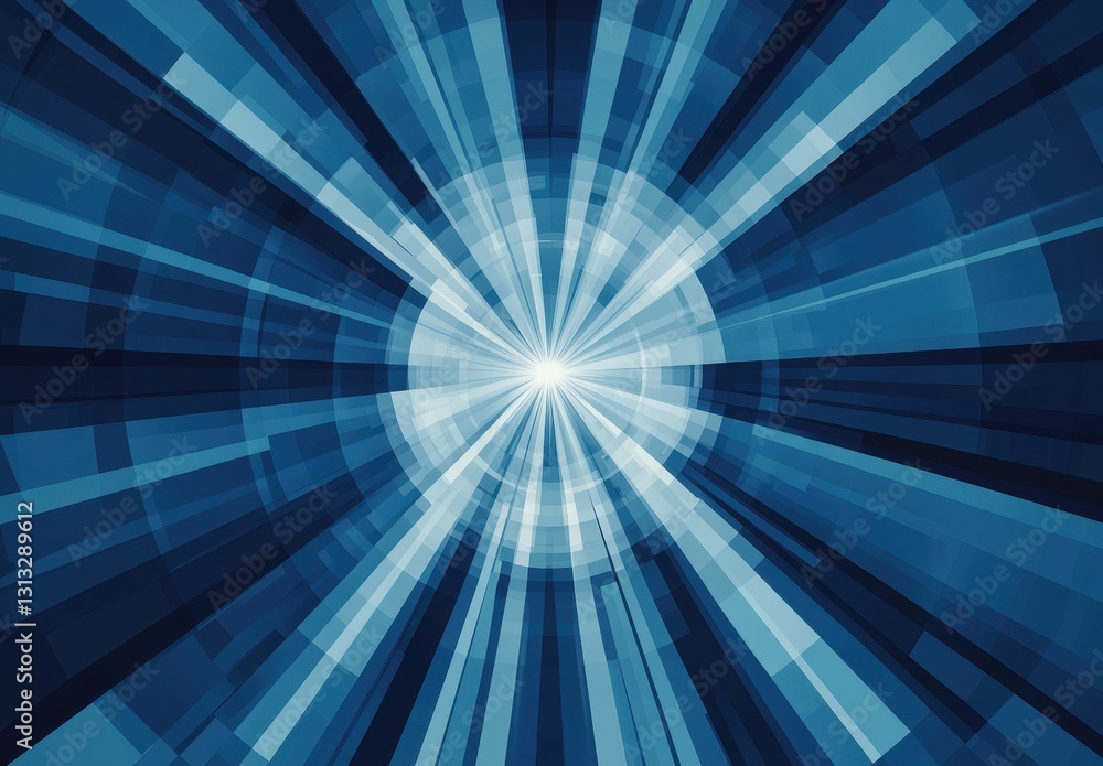 Poster abstract blue radial burst pattern with geometric shapes and light beams radiating outward in a dyna
