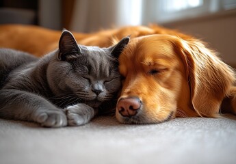 Charming moment of a cat and dog peacefully napping side by side on the soft carpet : Generative AI