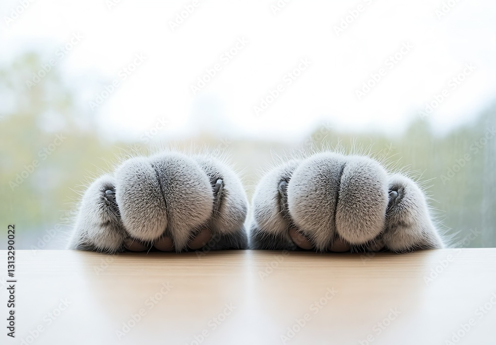 Poster closeup of fluffy grey cat paws resting on a table with soft natural light : generative ai