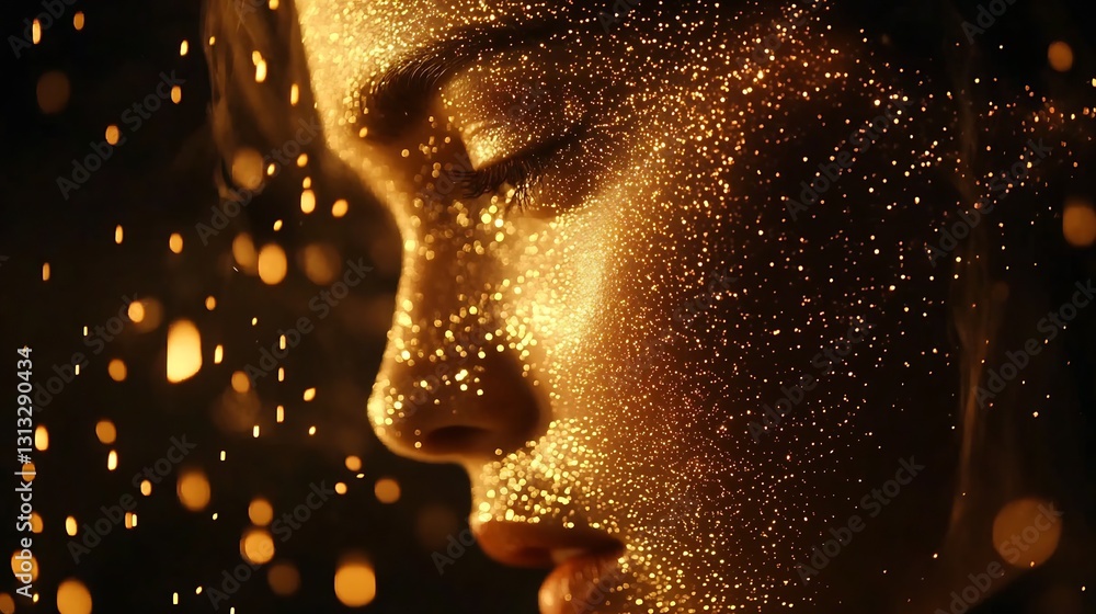 Poster glistening golden particles on a woman's face creating an artistic and ethereal portrait with light 