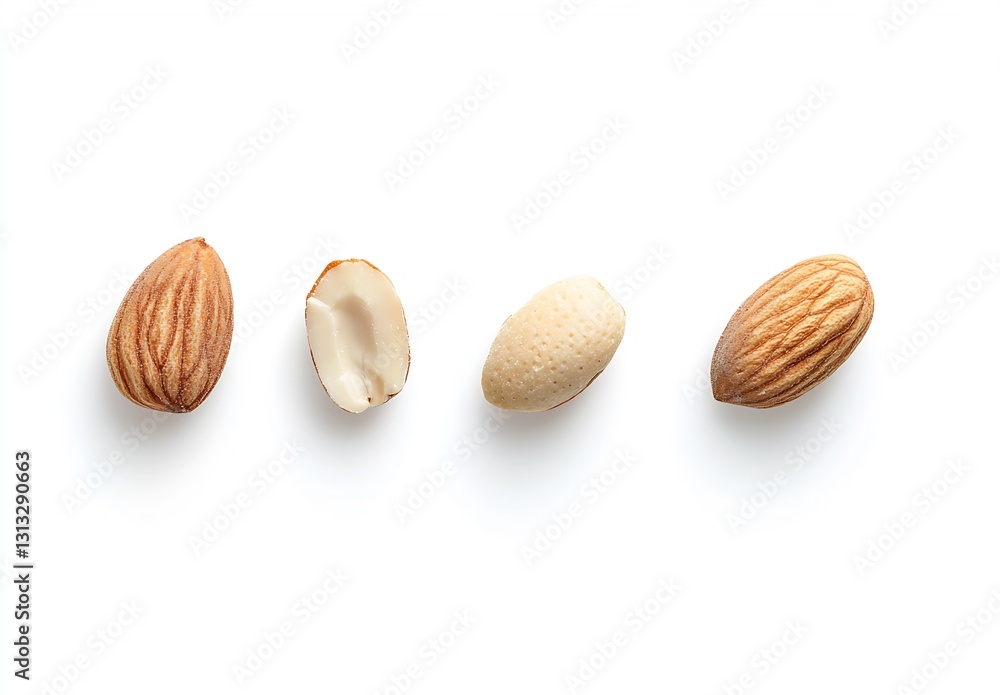 Poster Four almonds displayed uniquely showcasing their shapes and textures on a pristine background : Generative AI