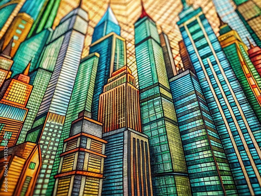 Aufkleber macro hand-drawn skyscraper pattern on textured city background stock photo