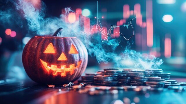 Spooky season market trends. Jack-o'-lantern and stacks of coins with a financial chart in the background. - Powered by Adobe