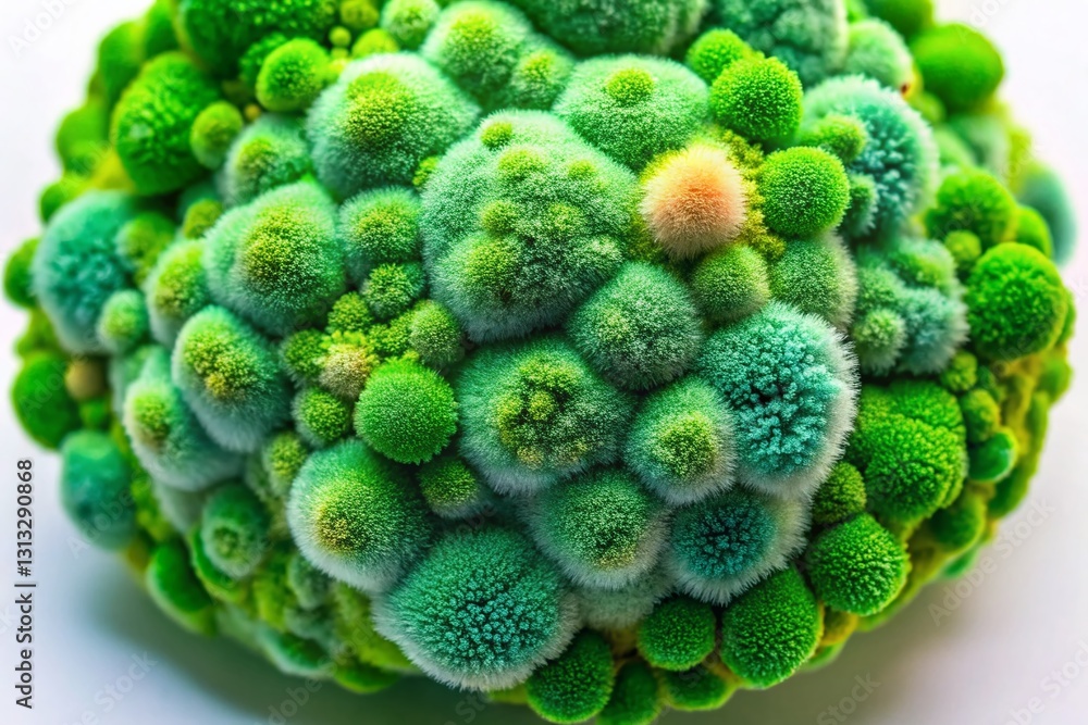 Poster macro mold photography: top view close-up of green fuzzy mold with selective focus and copy space