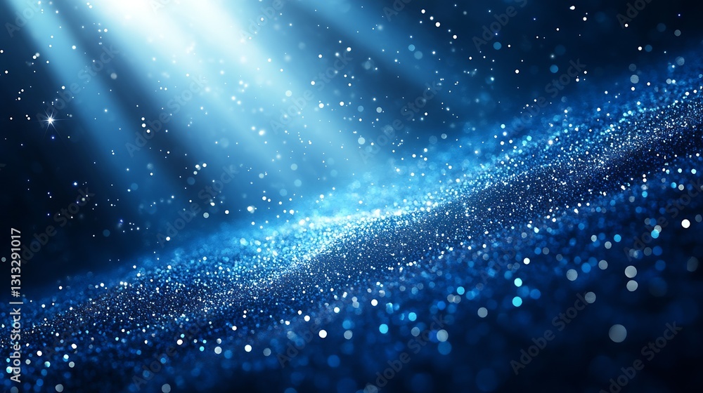 Poster Close up view of sparkling blue glitter on a surface with rays of light illuminating the scene : Generative AI