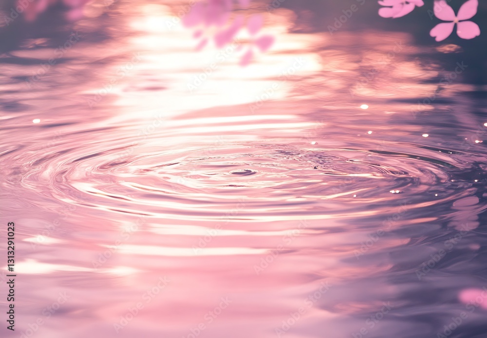 Aufkleber Rippling water surface with soft pink reflections and delicate flower petals creating a serene atmosphere : Generative AI