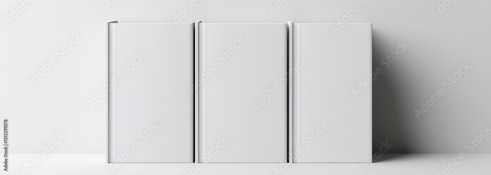 Poster three identical blank hardcover books lined up neatly against a wall waiting for any design or title
