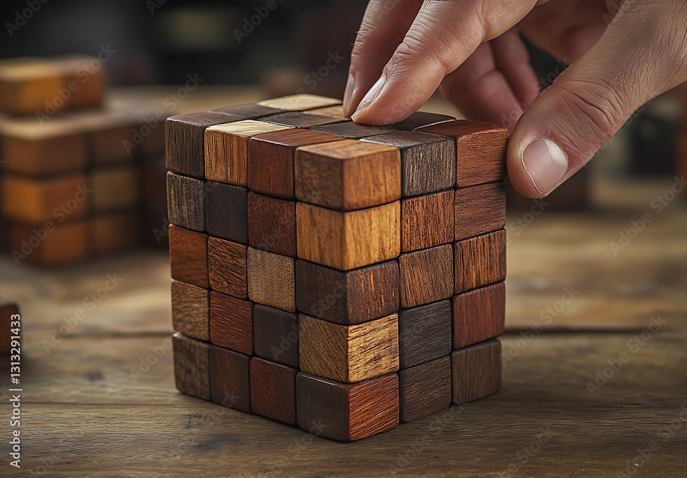 Aufkleber close up of a hand assembling a wooden puzzle cube showcasing creativity and craftsmanship in a uniq