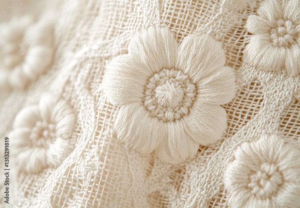 Poster close up view of intricate floral embroidery design on fabric with natural textures : generative ai