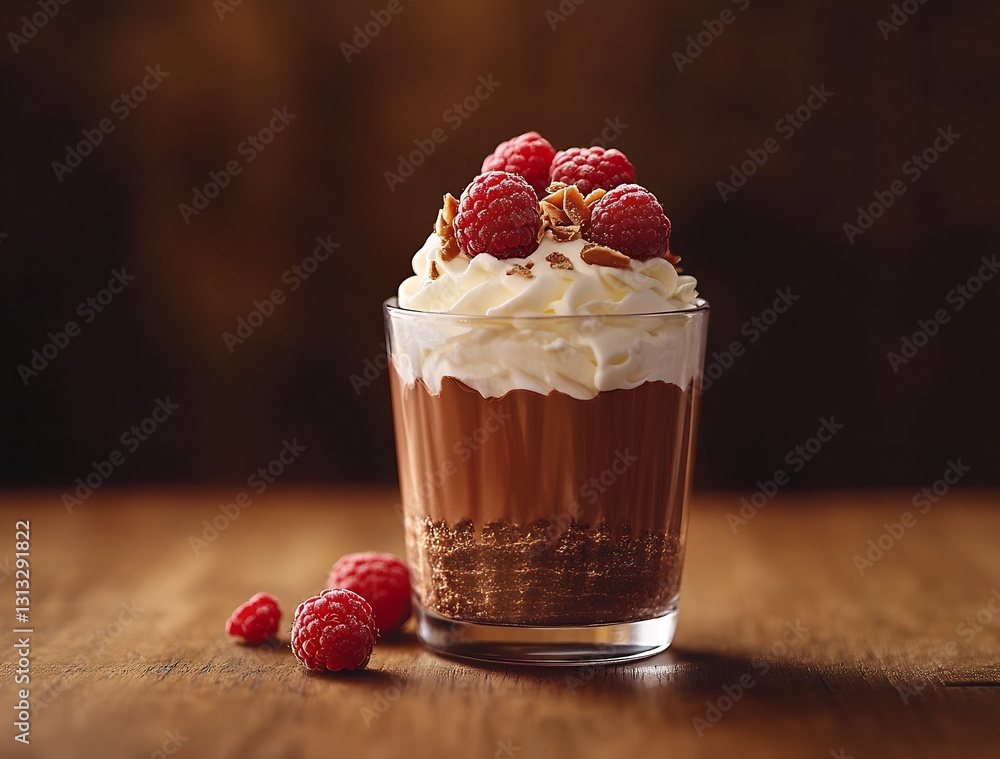 Poster Elegant raspberry mousse dessert layered with cream and nuts served in a clear glass : Generative AI