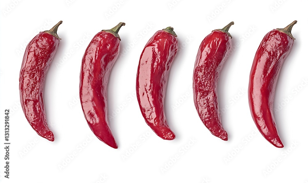 Poster artistic arrangement of five shiny red chili peppers isolated on a white background for culinary vis