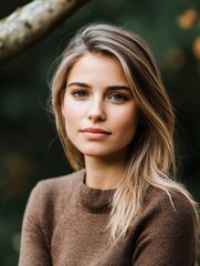 Obraz premium Close-up portrait of a young woman with light brown hair, calm expression, wearing a brown textured sweater, set against a blurred natural backdrop with greenery and tree branches