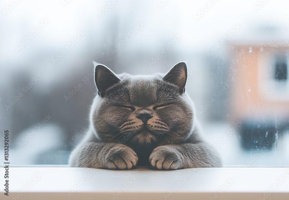 Poster fluffy grey cat peacefully resting with its eyes closed in front of a window on a cozy winter day : 