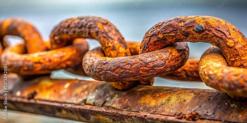 Poster macro photography of rusty chain links on a weathered beam