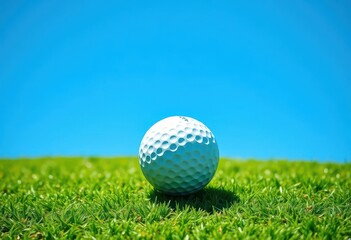 Fototapeta premium A pristine golf ball sits on a vibrant green, poised against a clear blue sky, leisure, ready