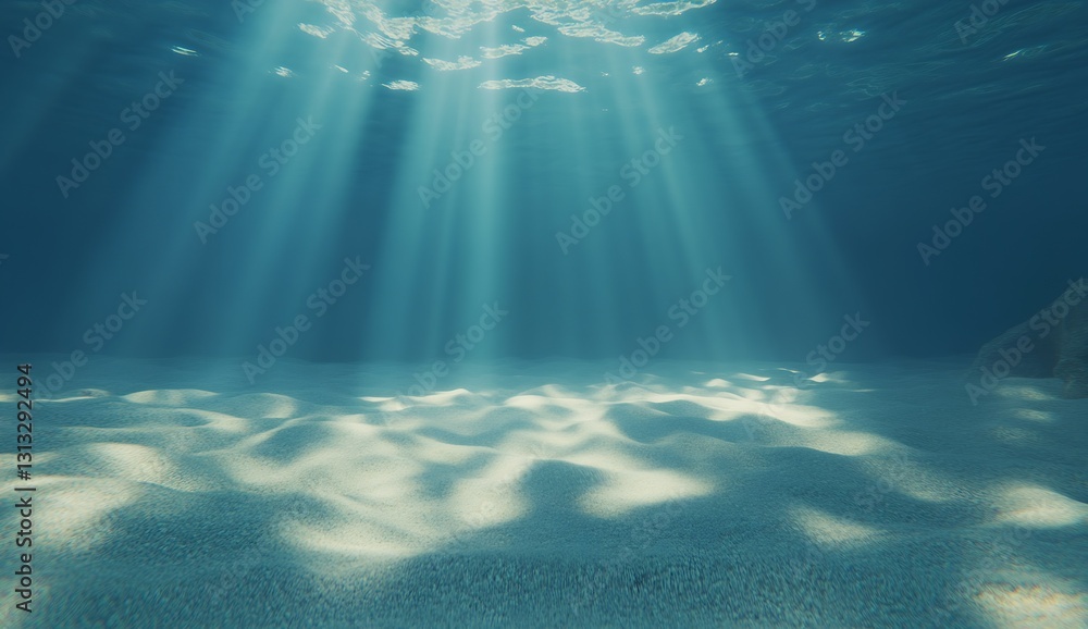 Poster Tranquil underwater scene with soft rays of light filtering down through clear water at the ocean floor : Generative AI