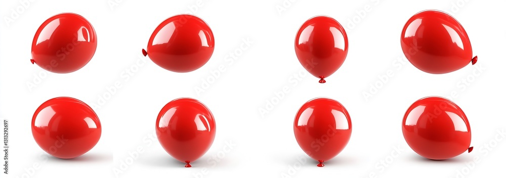Poster collection of shiny red balloons displayed in various positions on a white background : generative a