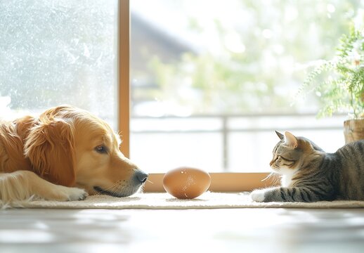 Curious golden retriever dog stares at a cat and an egg in a bright room : Generative AI