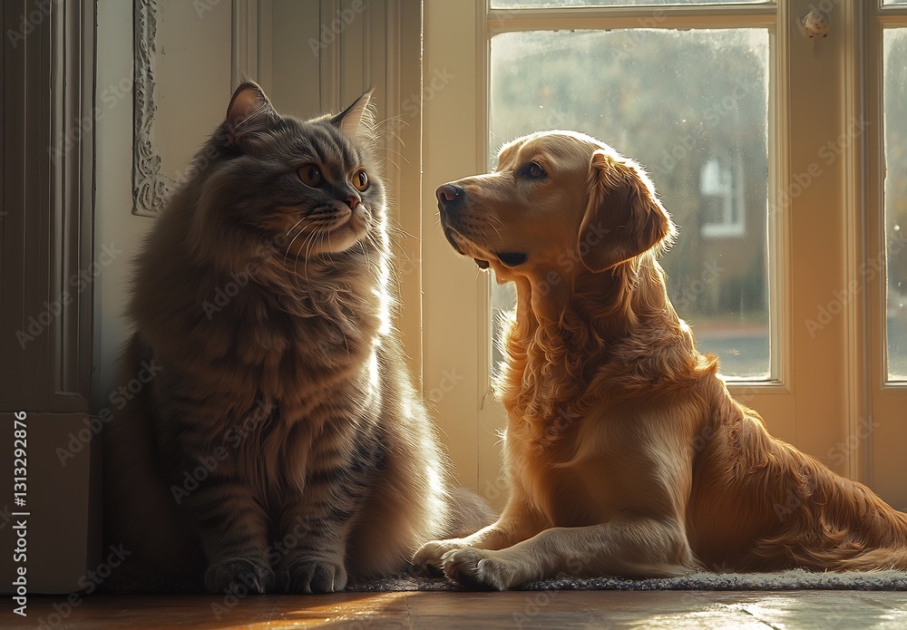 Poster thoughtful portrait of golden retriever and fluffy tabby cat gazing out window in afternoon light : 