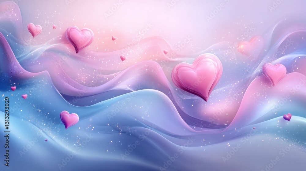 Poster a surreal abstract design with fluid pastel waves and glowing scattered hearts, creating a romantic 