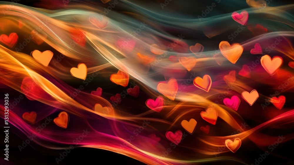 Poster a surreal abstract design with fluid pastel waves and glowing scattered hearts, creating a romantic 