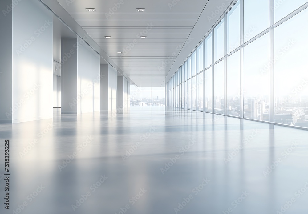 Poster bright and open office space with large windows offering city views : generative ai