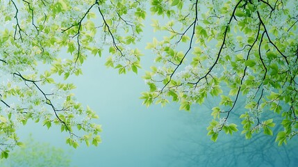 Fototapeta premium Springtime Canopy: Fresh Green Leaves in Misty Sunlight AI Generated