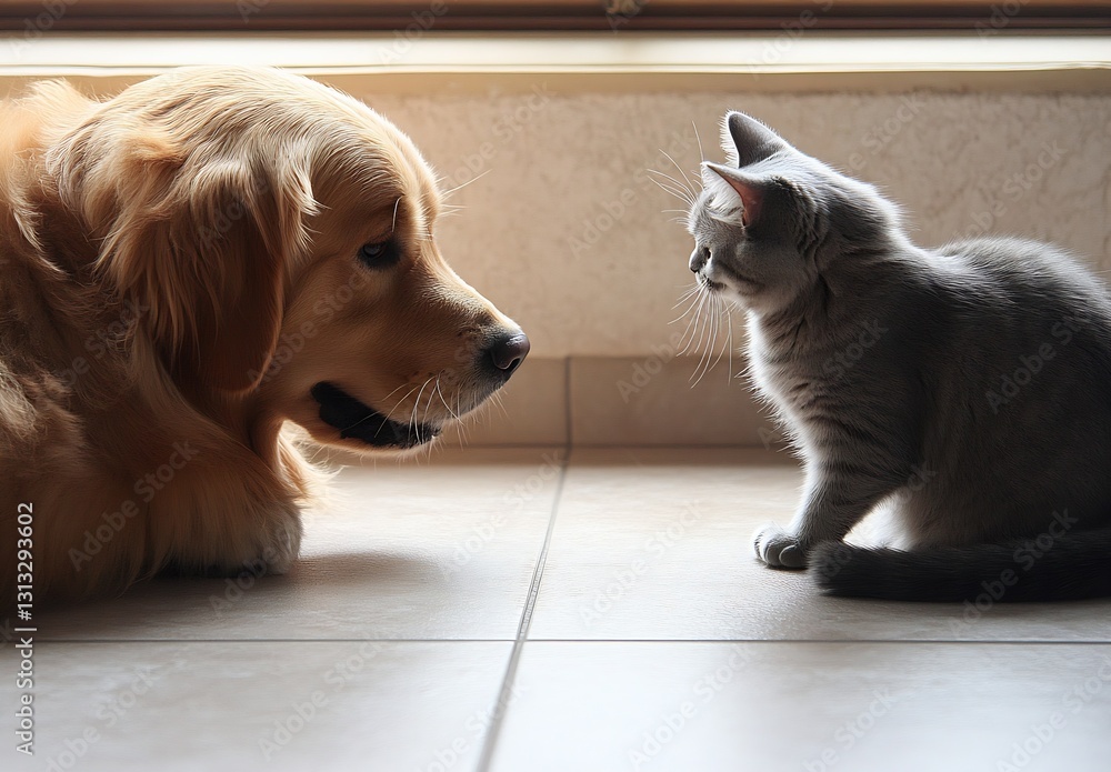 Poster Engaging FacetoFace Interaction Between a Golden Retriever and a Gray Kitten in a Cozy Space : Generative AI