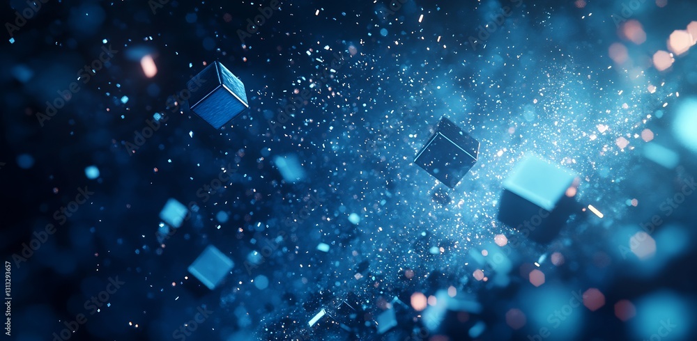 Fototapete Abstract 3D rendering of glowing cubes in a shimmering blue and silver space : Generative AI