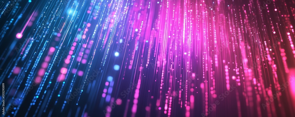 Poster mesmerizing vertical lines of glowing vibrant colors combining pink and blue tones on a dark backdro