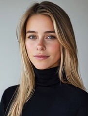 Fototapeta premium Minimalistic Portrait of a Young Woman with Straight Blonde Hair and Black Turtleneck Sweater Against Light Background
