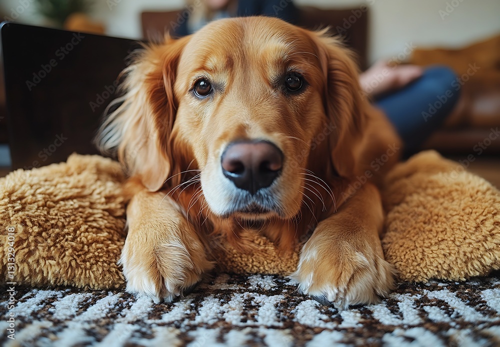 Aufkleber Golden retriever relaxing on plush bedding with a soft expression in comforting indoor setting : Generative AI