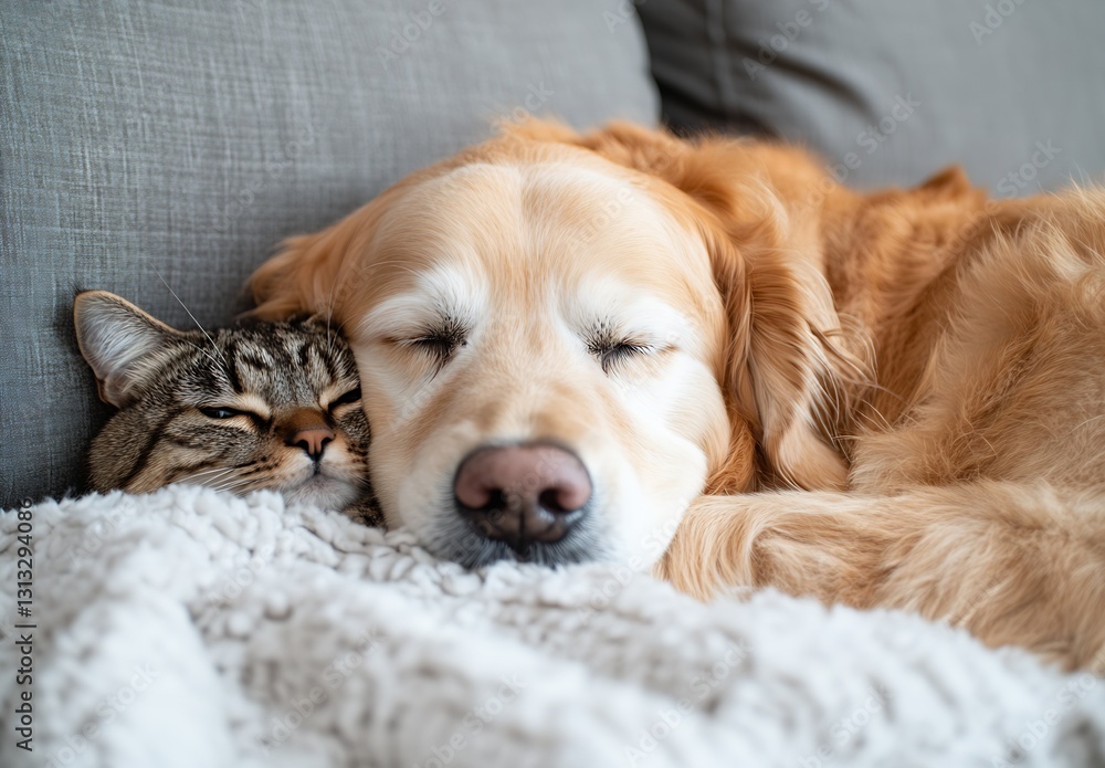 Poster golden retriever and tabby cat napping together on a cozy sofa wrapped in warmth and comfort : gener