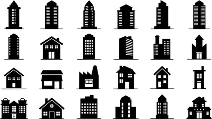 Fototapeta premium Big set of buildings, house icons, collection home sign, flat style houses in outline and line design, real estate - stock vector 