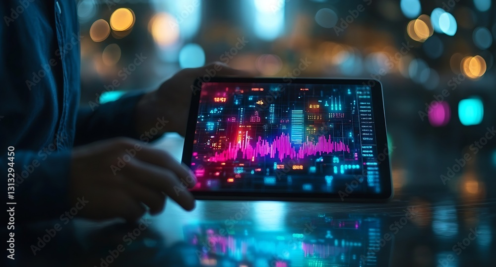 Poster A person analyzing data on a digital tablet showing statistics and analytics in city nightlife : Generative AI
