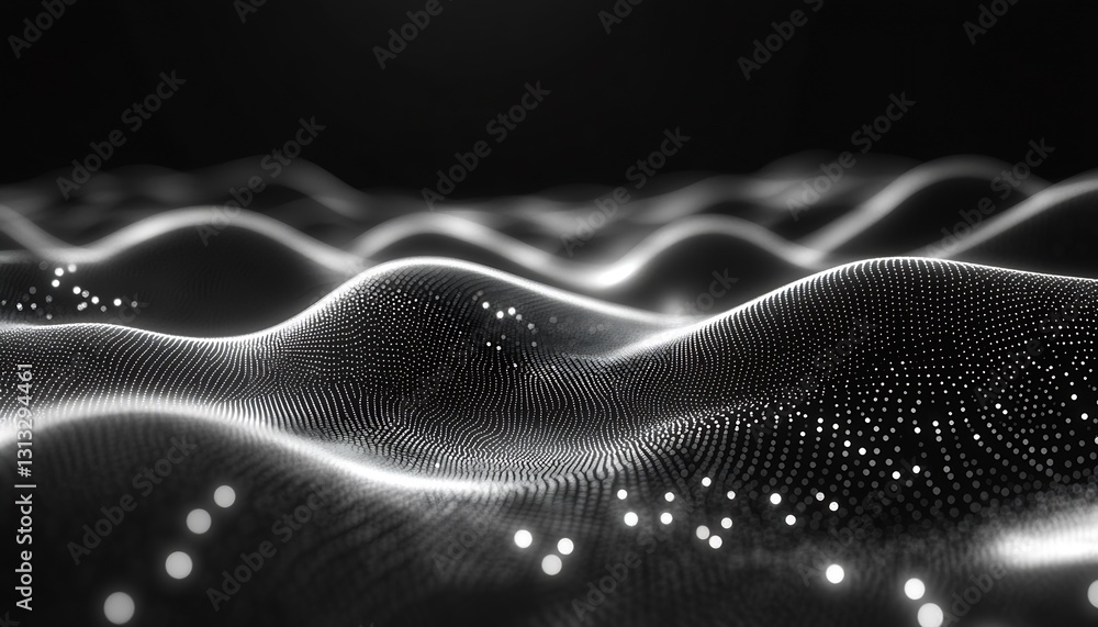 Poster Stunning abstract landscape with illuminated waves and particles in a dark background : Generative AI