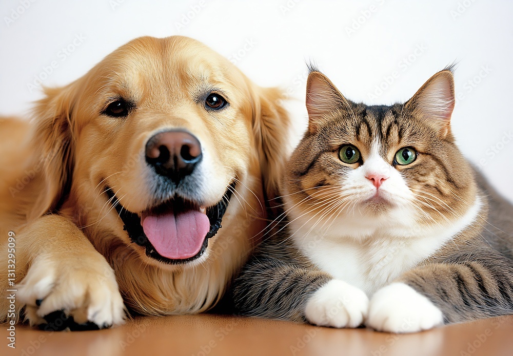 Poster adorable golden retriever and fluffy cat relaxing together in cozy indoor setting : generative ai