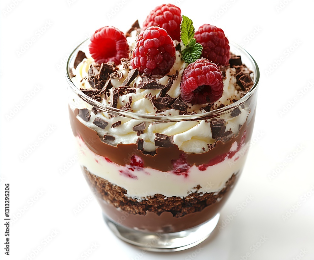 Poster tempting raspberry and chocolate layered dessert topped with whipped cream and fresh berries in glas